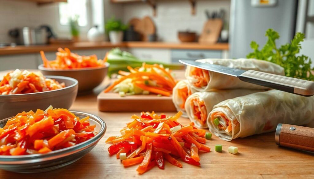 Fresh Kimchi Spring Rolls Preparing