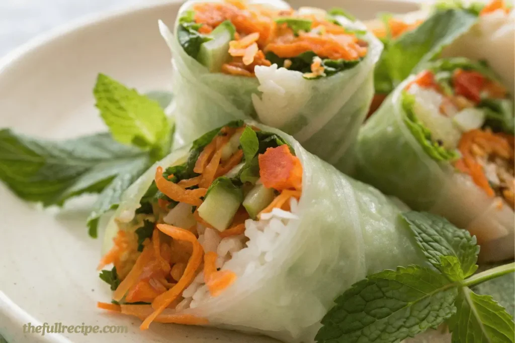 Fresh Kimchi Spring Rolls with vegetables and herbs wrapped in rice paper