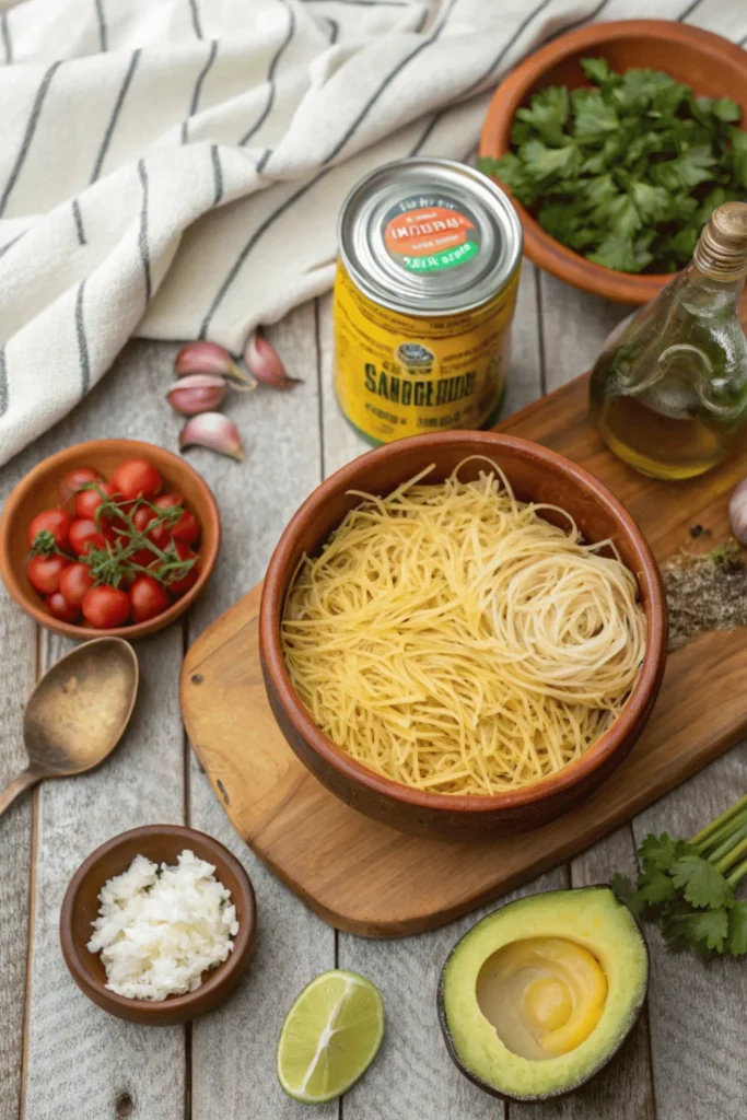 Sopa de Fideo ingredients: fideo noodles, fire-roasted tomatoes, garlic, cumin, and fresh avocado on a rustic table